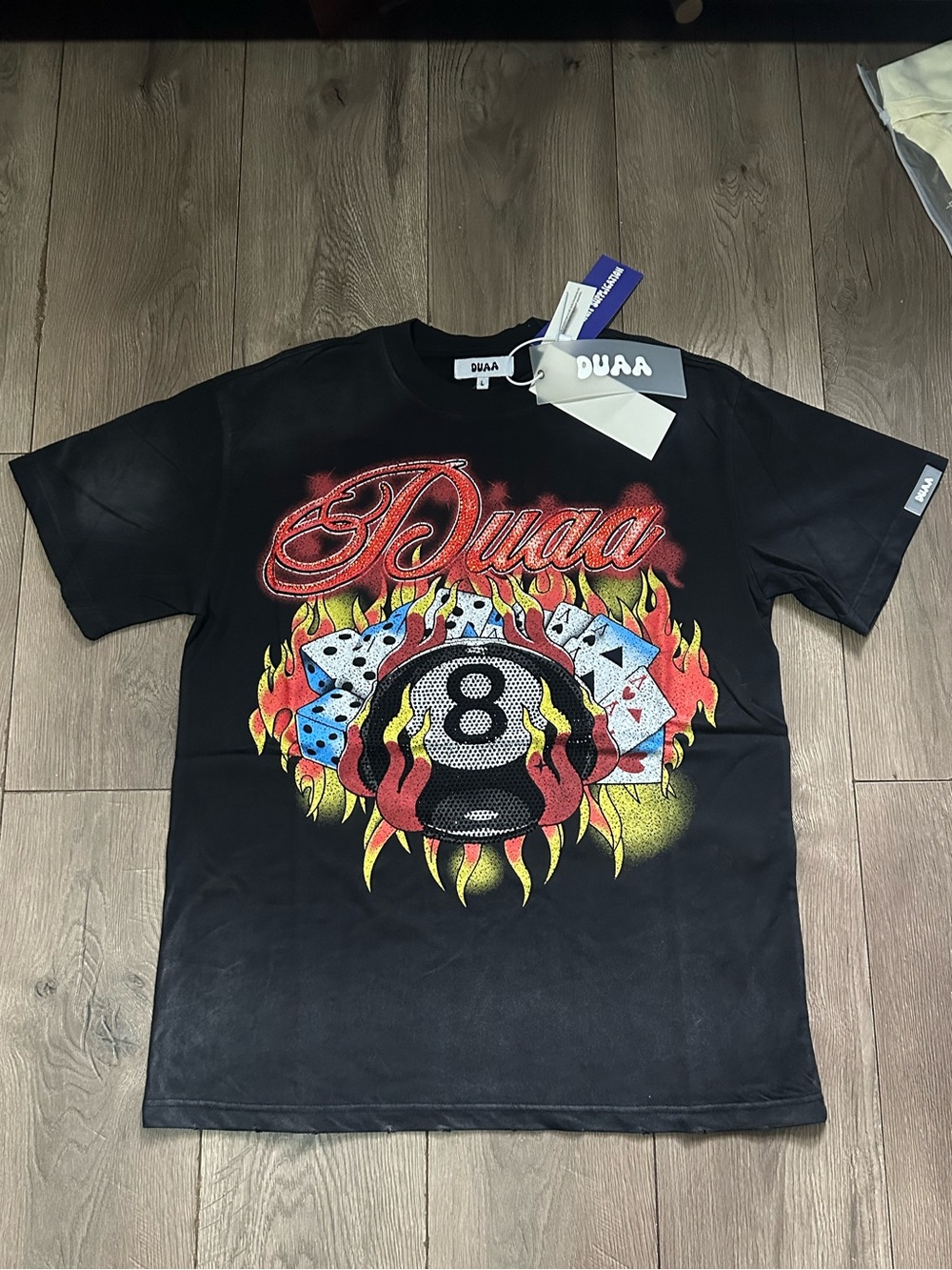 DUAA Black Short-Sleeve Graphic Tee with Flaming 8-Ball & Dice